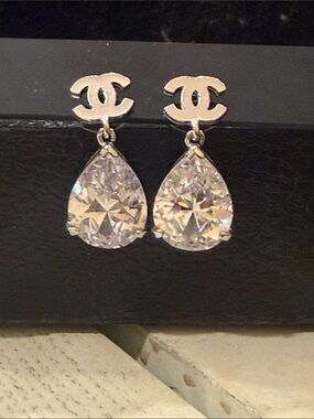 Designer style Silver Logo Drop Earrings with Clear Teardrop Crystals